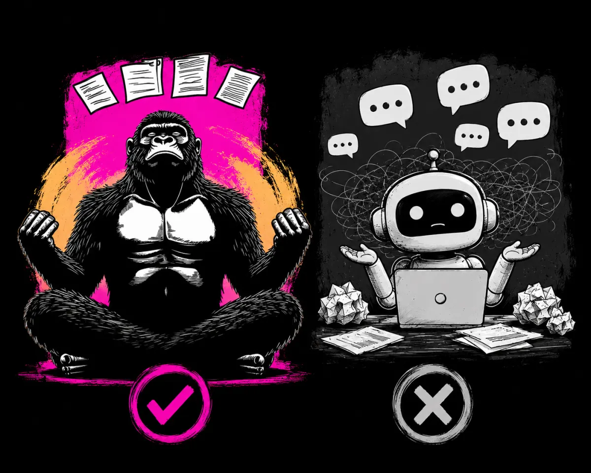 A focused gorilla meditating with documents vs. a confused chatbot drowning in messages — SalesAPE vs a generic chatbot