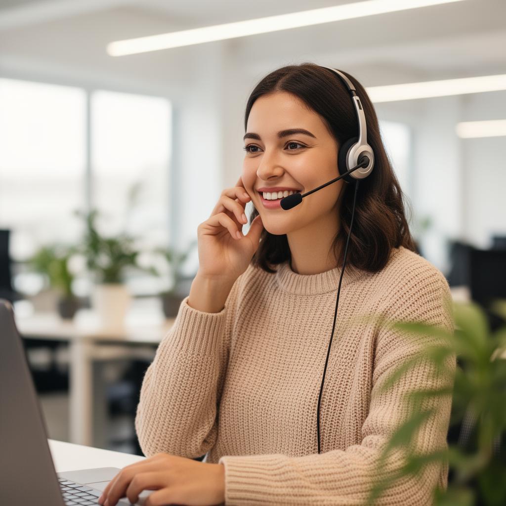 A friendly customer service representative wearing a headset, smiling on a call in a modern office