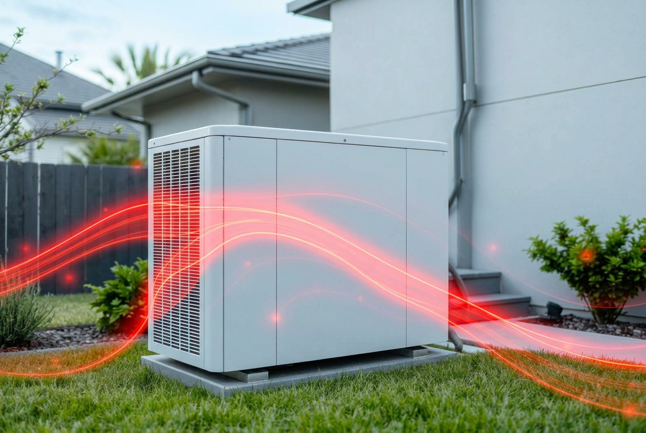 An AI-powered HVAC unit glowing with data streams at dusk